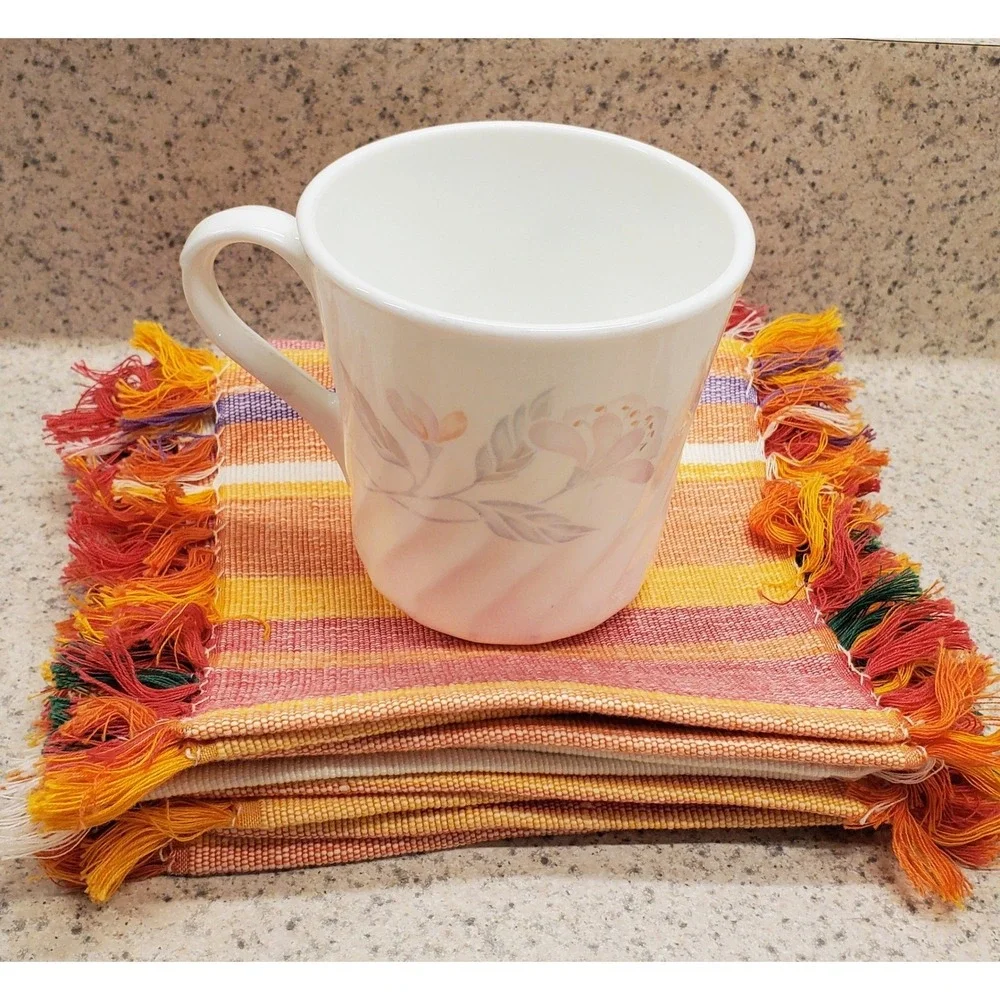 Time to Celebrate Mug Rug Coasters Set of‎ 4 Multicolor Cotton Excellent Fringe